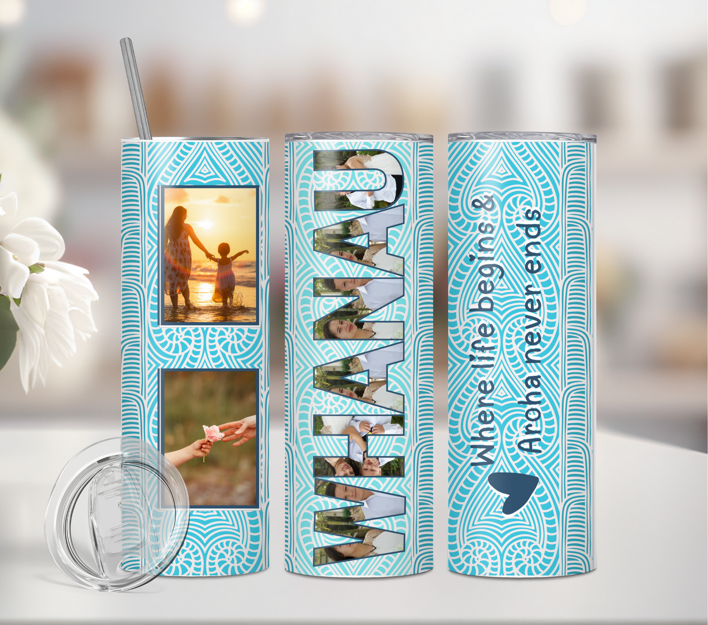 Whanau - Where life begins - Blue -Add 8x photos - 20oz Tumbler