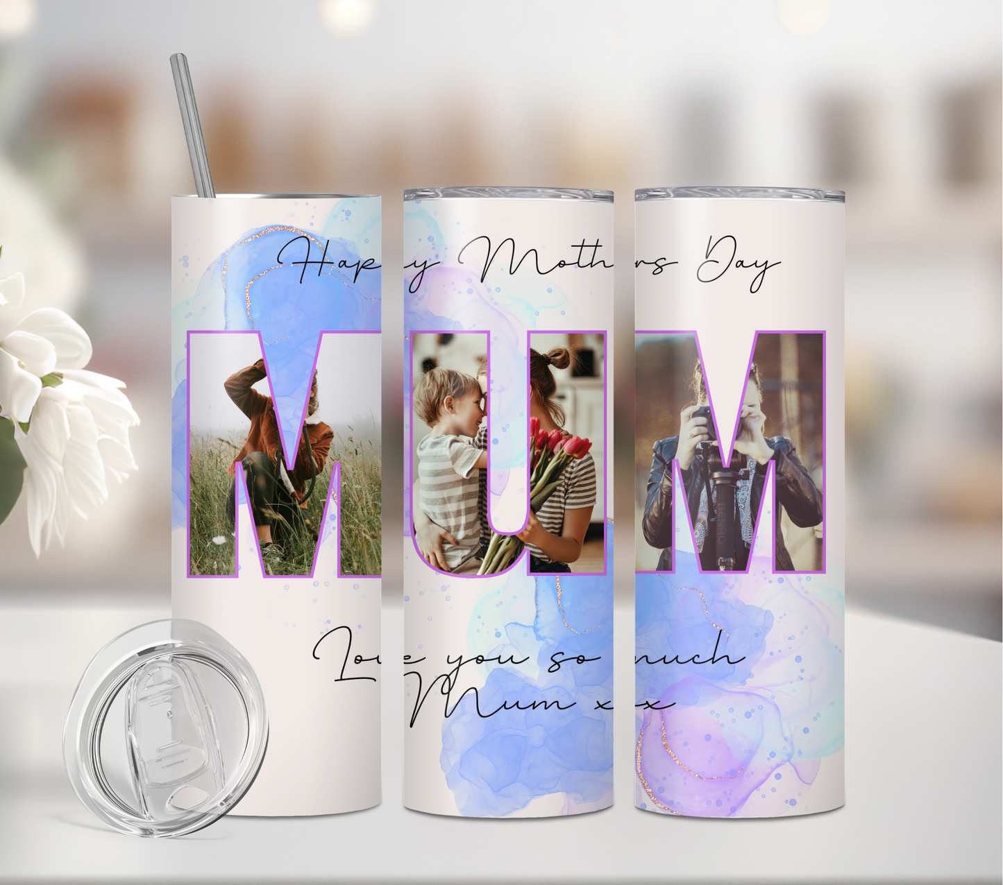 Mum Watercolor - add 3x photos - 20oz Tumbler